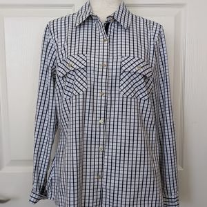 Zac & Rachel Womens Button Front Shirt Black White Plaid Long Sleeve Pockets L